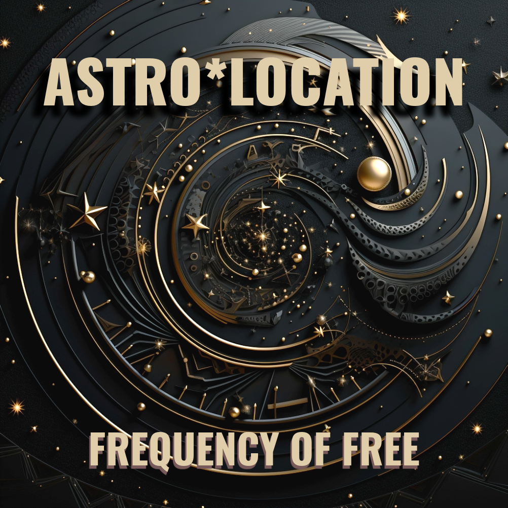 Astro*Location Reading Image This image shows a complex, artistic representation with a dark background and features that suggest a celestial or astrological theme. The central focus is a series of concentric circles with intricate mechanical and astronomical details, resembling an orrery or an astrolabe. These metallic circles are adorned with gears, stars, constellations, and various celestial bodies such as stars and planets, primarily in gold and brass tones against the dark background. The upper part of the image has bold, capitalized text that reads "ASTRO*LOCATION" in a modern, sans-serif font. The font color appears to be a gradient of gold or brass, blending seamlessly with the mechanical elements in the background. Below the central design, there is additional text that states "FREQUENCY OF FREE" in the same style and color as the title. The entire composition has a luxurious and mystical feel, with sparkling stars scattered throughout the background, adding to the celestial ambiance. The image has a square format, suggesting it may be designed for an album cover, book cover, or a similar creative project.